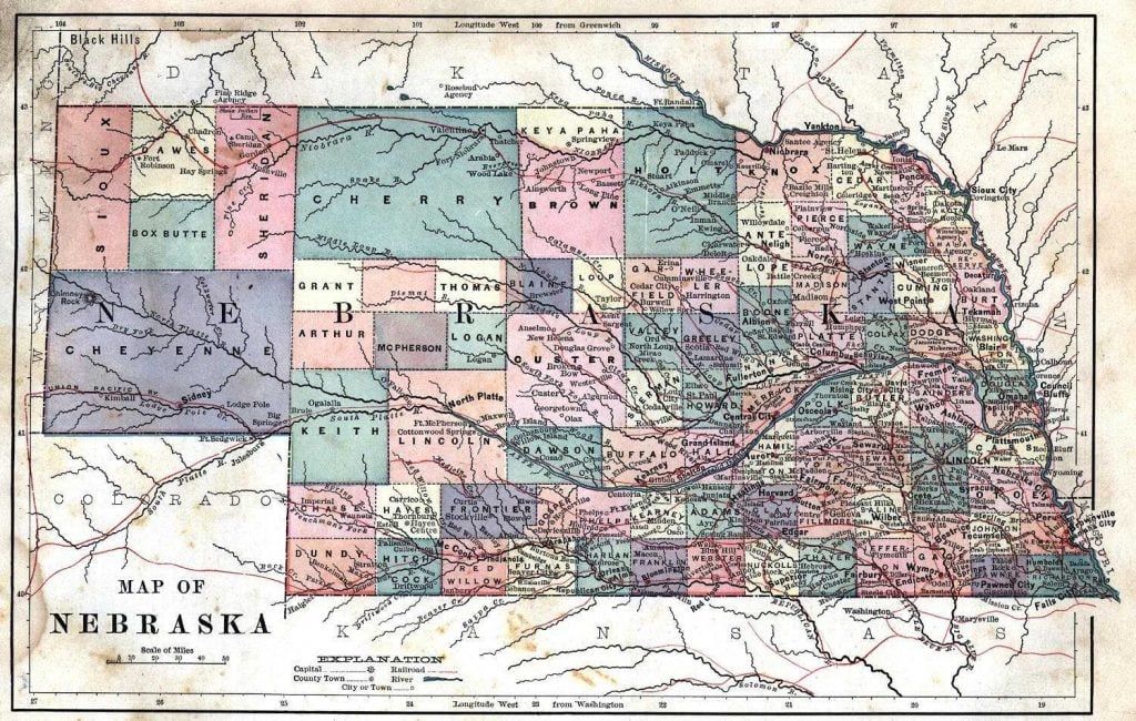 1887 Nebraska Map from Harper’s Common Geography